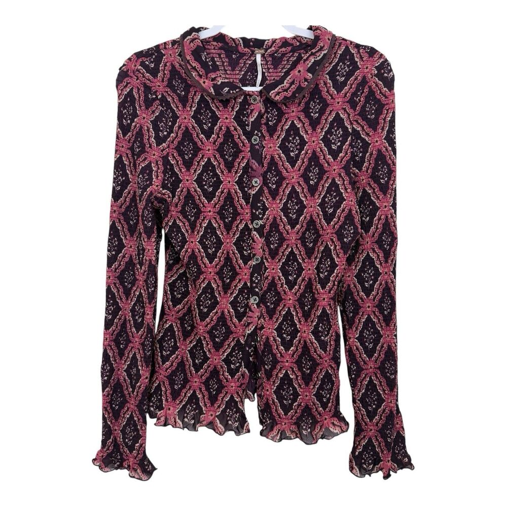 Free People Caught A Feeling Cardi Shirt Sz L Boho Brown Chocolate Combo Smocked